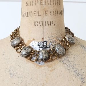 Wide Copper Chain & Stone Chunky Necklace Marbled Gray Pinolith Statement Piece